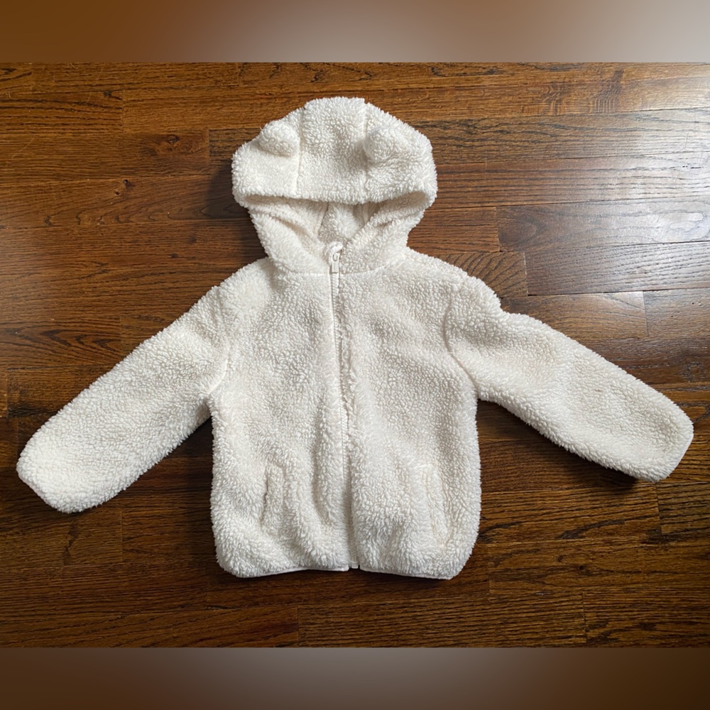 3T toddler girl sherpa fleece zip up hoodie Old Navy Cream White Jacket bear ear